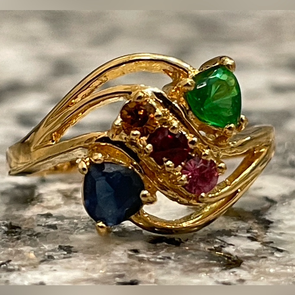 Vintage Style plated Tone Bypass Ring Sz 6.75 Multicolor Gemstone Statement Ring - Picture 2 of 11